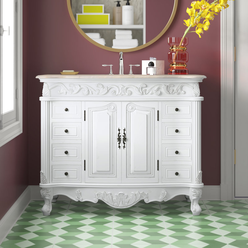 Ensemble de meuble-lavabo simple de 42 po Aurillac, Blanc antique, Marbre de couleur crème