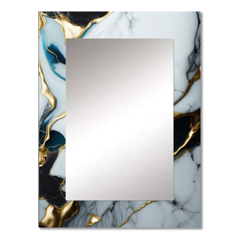 Abstract Geode Gold And White Marble II - Modern Rectangular Wall Mirror, 32" x 24"