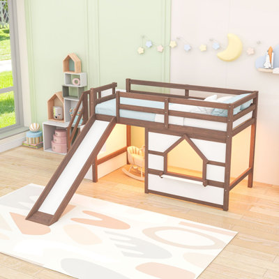 Lit mezzanine simple bas avec escalier de rangement, glissade et éclairage multicolore