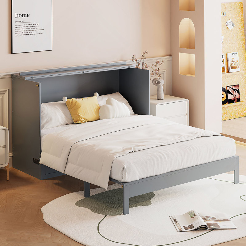 Lit escamotable double avec grands tiroirs, Gris, Full