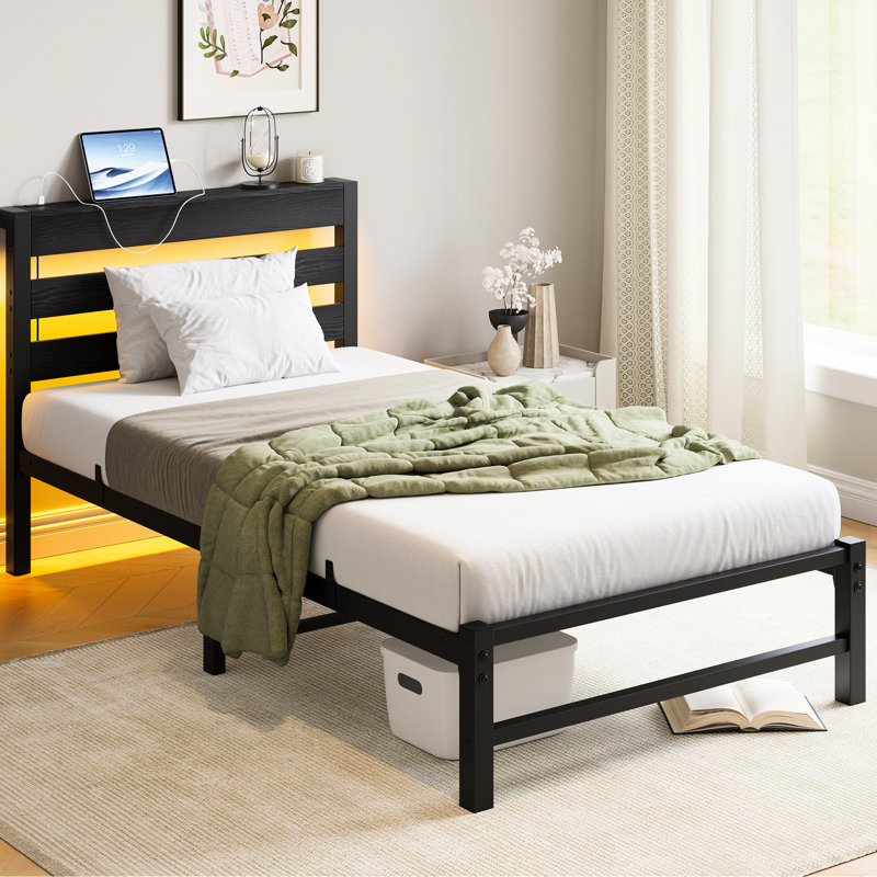 Twin Platform Bed Frame Heavy Duty With Ports, Multi - Colored Led Bed, Metal Frame, Noise , Under Space, Quick Setup, Black Headboard, Convenient Charging, Strong Steel Slats, Storage, Easy Assembly,
