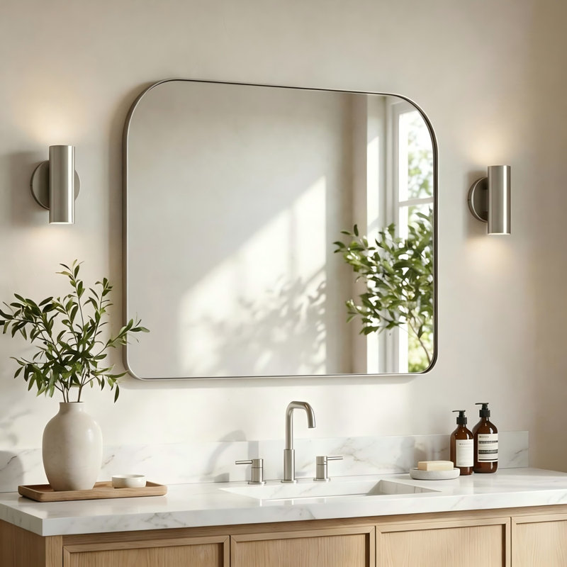 Miroir de salle de bain rectangulaire à large arche | Cadre en acier inoxydable, Nickel brossé, 30 po x 36 po 