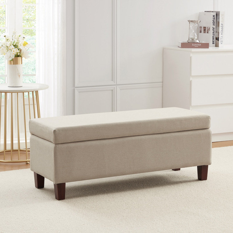 Upholstered Storage Bench, Beige Polyester