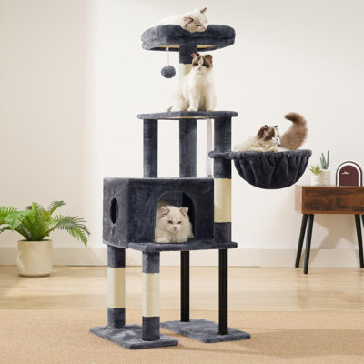 Tour pour chat 49,2 pouces pour chats d'intérieur, maison de chat spacieuse avec espace caché, tube en acier robuste, perchoir supérieur moelleux, hamac confortable et poteaux à griffer en sisal, gris fumé