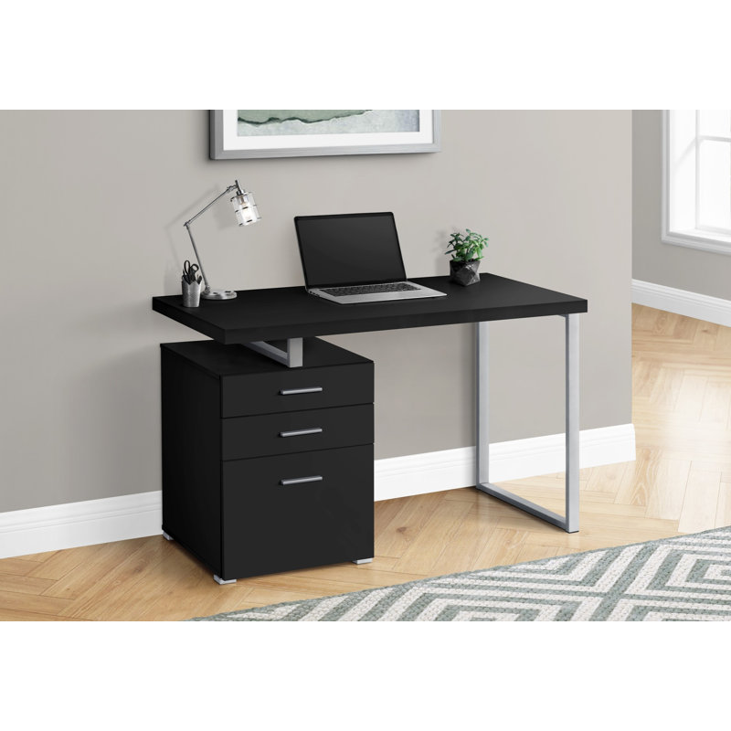 Petrella Computer Desk, Home Office, Laptop, Storage Drawers, 48"L, Work, Metal, Laminate, Black/Silver, Left-Hand Facing