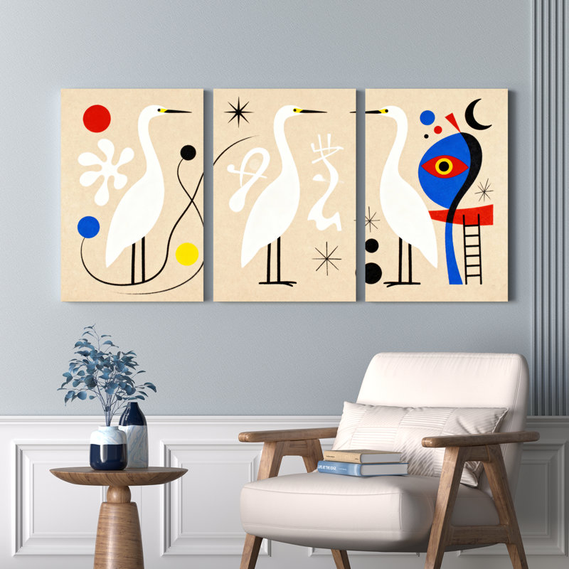 Ensemble de 3 tableaux abstraits sur toile tendue représentant des oiseaux aux formes géométriques et aux étoiles