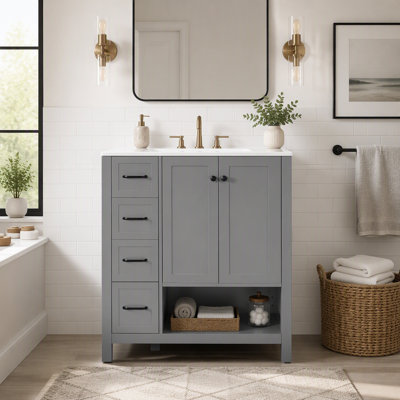 Meuble-lavabo 30 po avec comptoir, meuble-lavabo avec deux portes et deux tiroirs, bois massif, tablette ouverte, panneaux de fibres à densité moyenne, un paquet, gris