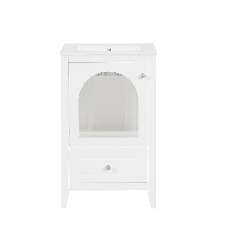 Meuble-lavabo avec lavabo et porte en verre à fermeture douce et tiroir, Blanc / Blanc