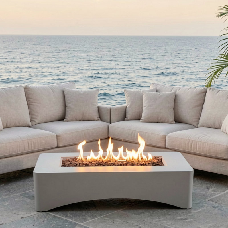 Qeven Modern 56" Rectangular Propane Fire Pit Table with 50,000 BTU Concrete Finish and Lava Rock Set, Light Grey