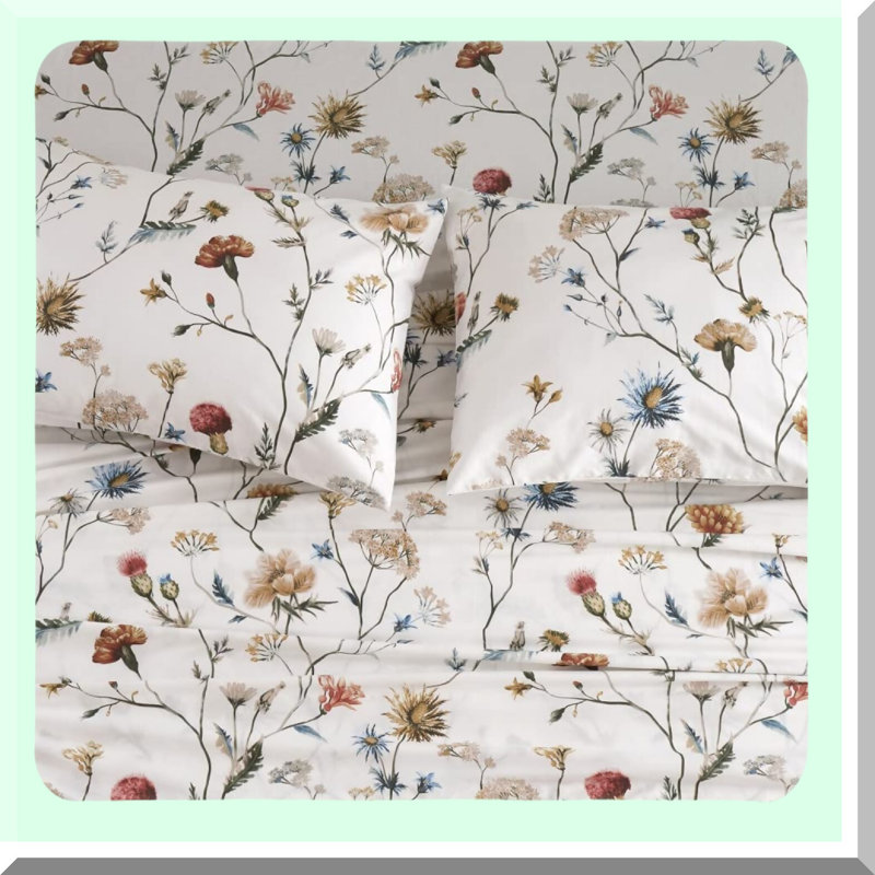 Floral Botanical Bliss Queen Size Bedding Set - 100% Cotton Printed Sheets for Up to 14" Deep Mattress - Luxurious Bedlinen Sets with Vibrant Patterns