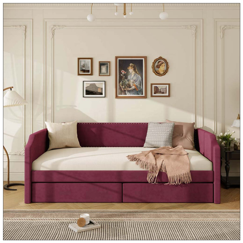 Lit de jour en velours avec 2 tiroirs, WINE RED