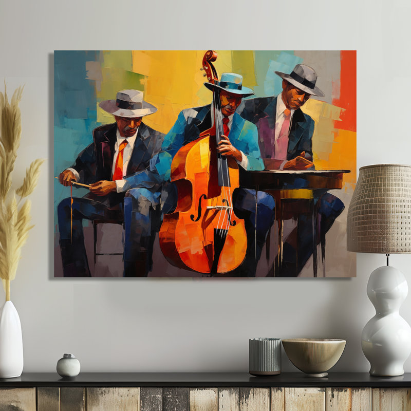 Trio de jazz avec chapeaux rétro Groovy - Musicien, salon d'art mural, Toile tendue, H 12 po x l 20 po x P 1 po