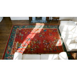 Antique Art Deco Room Size Wool Coral, Green Rug