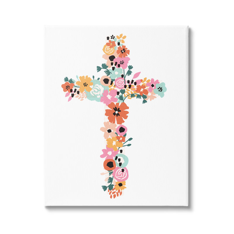 «Bold Flowers Cross Symbole Floral Arrangement», impression sur cadre en bois aggloméré, Toile tendue, L 30 po x H 40 po