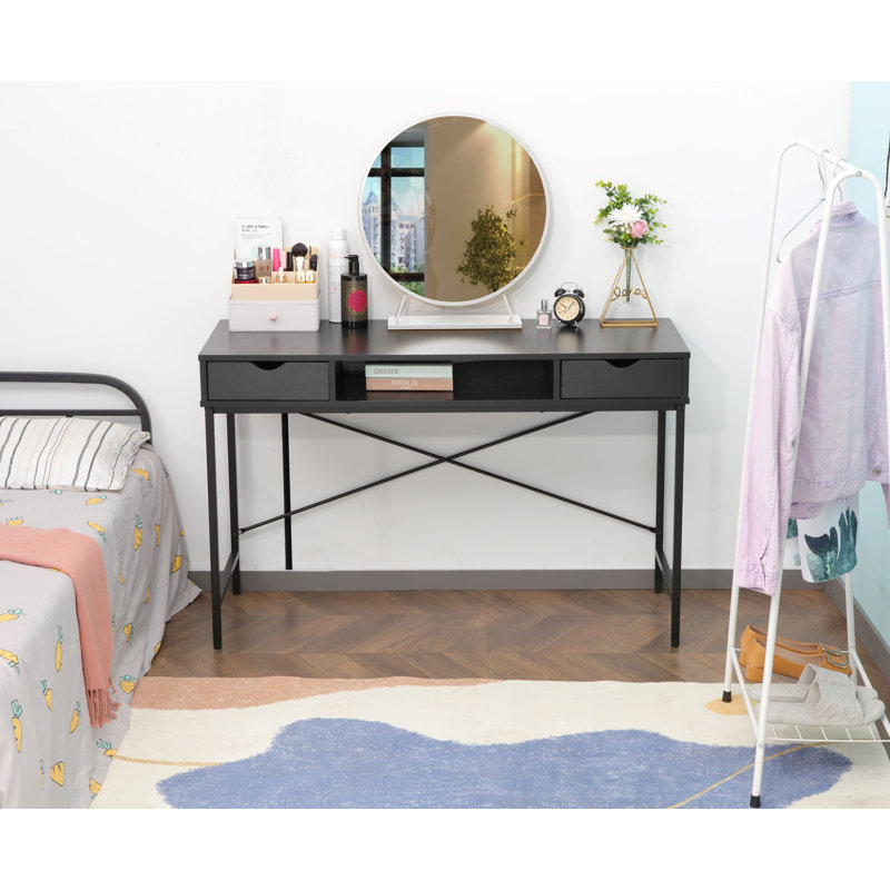 Hakes 47" Wooden Writing Desk with Drawers & Metal Frame, Black