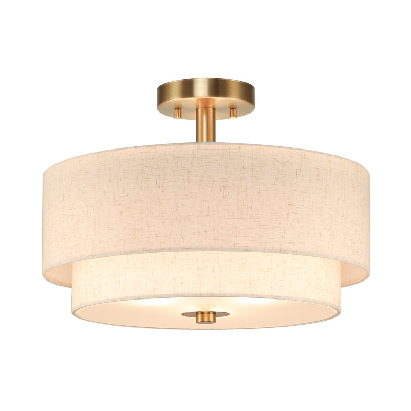 Brushed Brass Semi Flush Ceiling Light with Dual Drum Shade