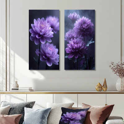 Purple Grey Ethereal Emblem Mums I – Nature Metal Wall Art Print Set of 2