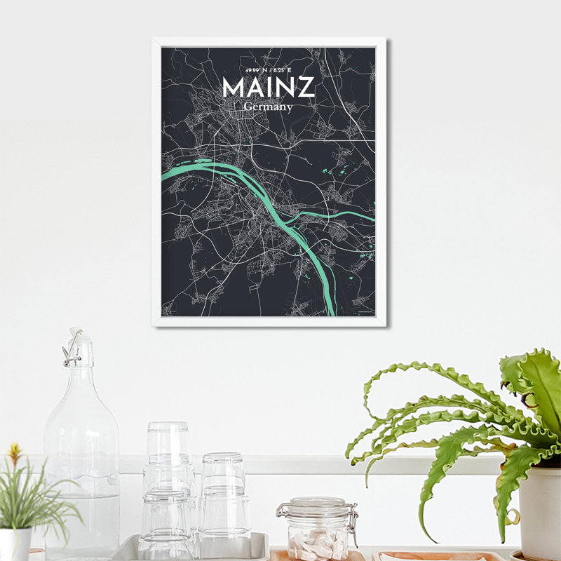 Mainz, carte de la ville, impression, Vert/gris, H 20 po x l 16 po