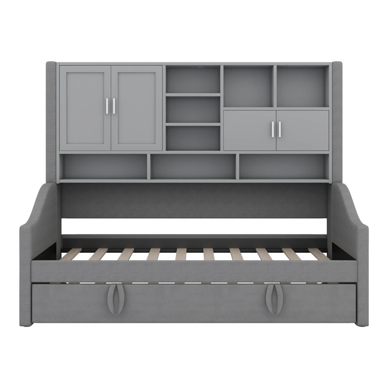Twin Size Upholstered Daybed With LED Armrest Lights, Storage Shelves & Cabinets, Pull-Out Lift-Up Trundle, Gray