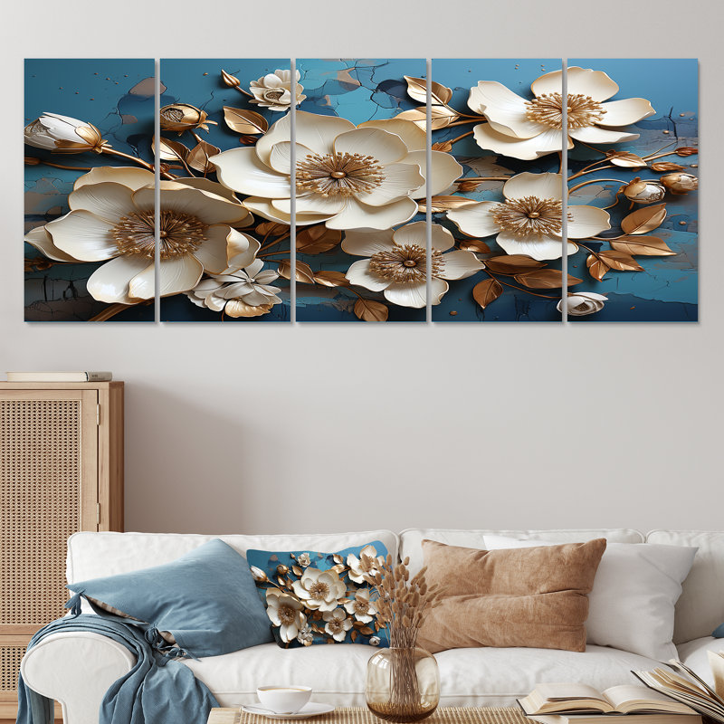 Orchidée blanche dorée et bleue, arbre II - ensemble de 5 décorations murales florales abstraites, H 28 po x l 60 po