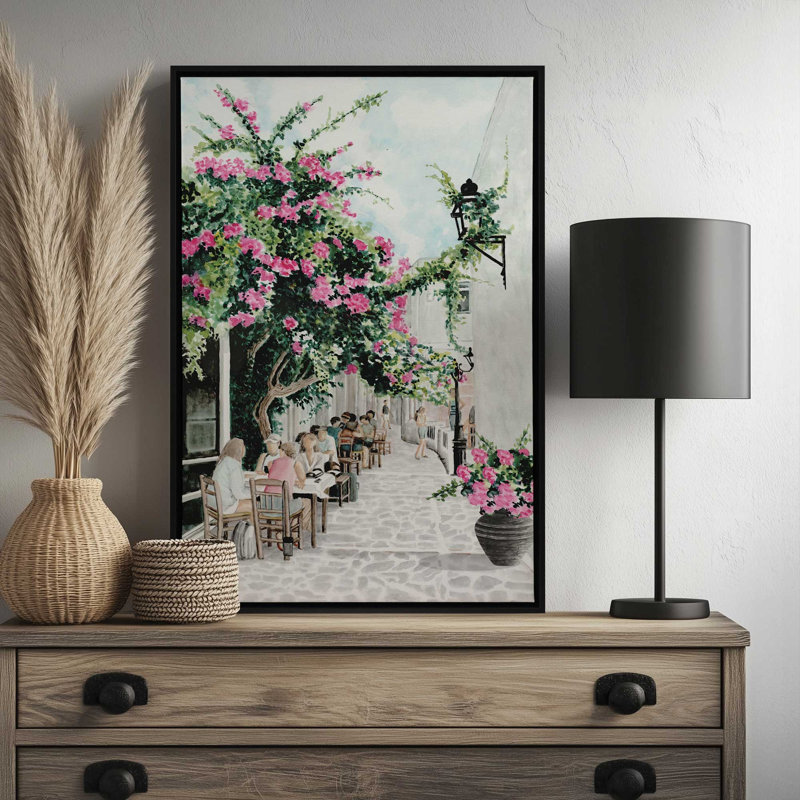 «Greek Café» par Cindy Jacobs, reproduction d'art, L 32 po x H 48 po, Gold, Toile avec cadre