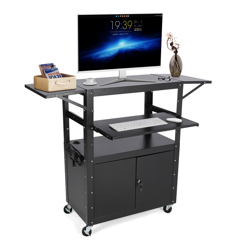 Armoire verrouillable à hauteur réglable pour chariot AV mobile et plateau à clavier, poste de travail multimédia roulant pour le bureau et la maison, avec cadre d'extension