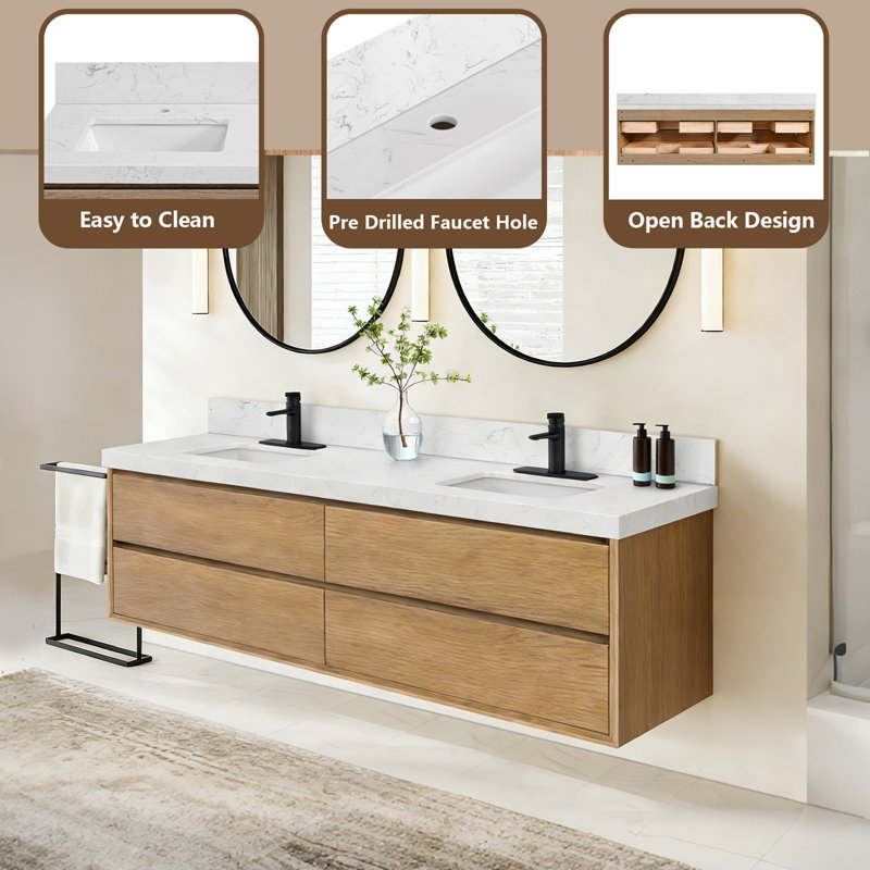 Tiroirs de meuble-lavabo mural Modern, 84", Chêne