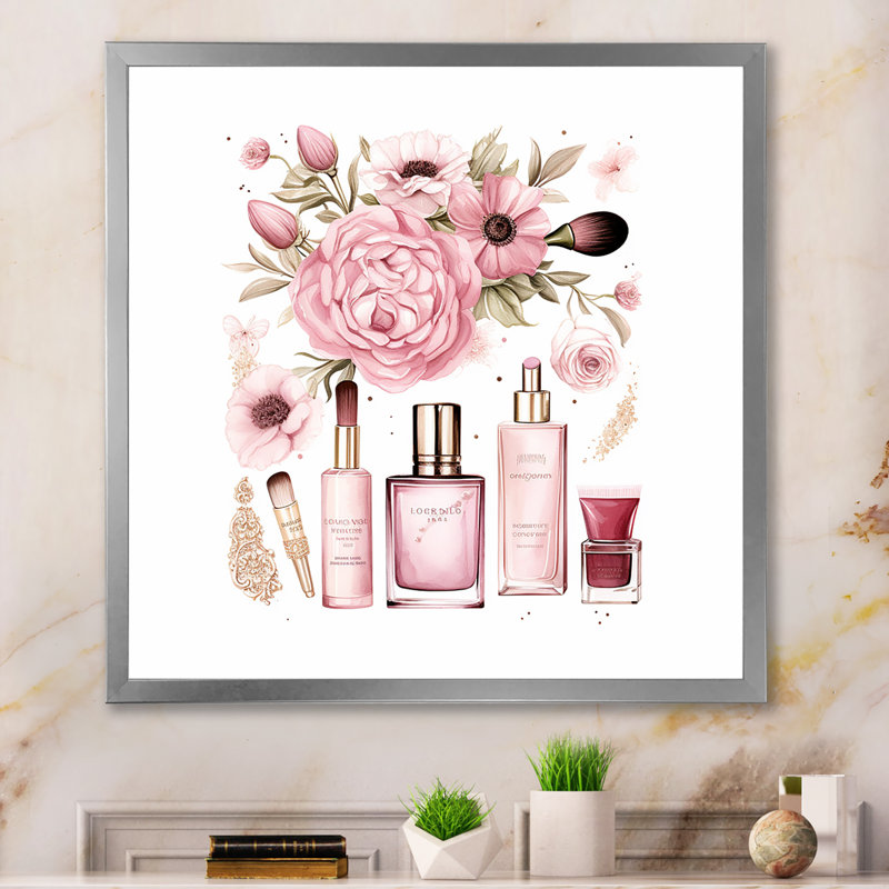 «Pink Cosmetic Elegant Make-Up Illustration», reproduction sur toile, H 24 po x l 24 po x P 1 po, Cadre photo argenté