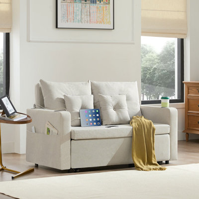 56" 3 in 1 Square Arm Sofa Bed Convertible Loveseat Pull-Out Sleeper Sofa Couch with USB and Cup Holders