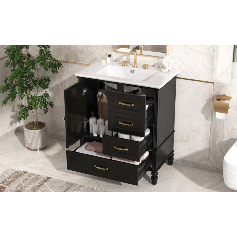 Meuble-lavabo avec lavabo, armoire de salle de bain avec porte, trois tiroirs, pieds en bois massif et panneau de fibres à densité moyenne, patins réglables
