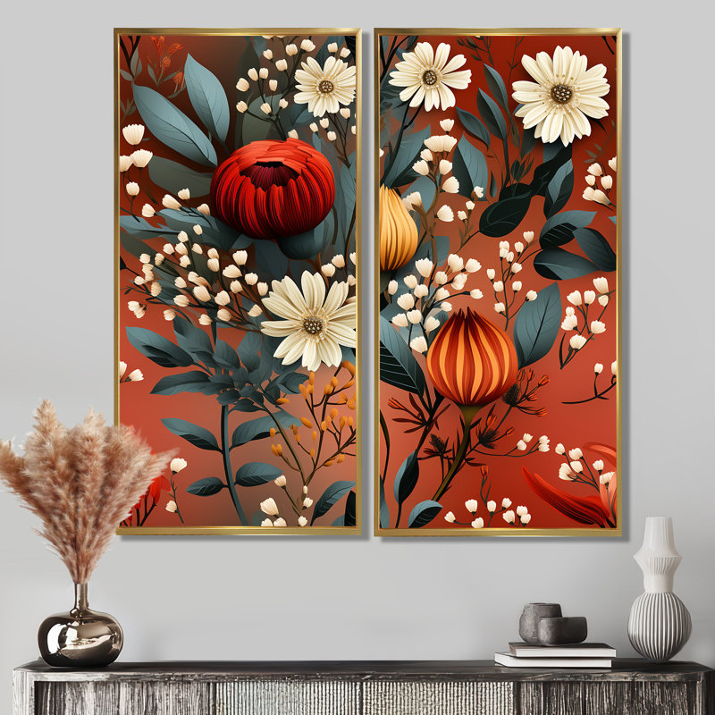 Motif floral rustique bohémien - chalet, art mural traditionnel 2 pièces, H 40 po x l 40 po, Doré