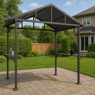 8’X 5’ Grill Gazebo,Modern Outdoor Hardtop BBQ  Gazebo With Bar Tops,Shelves Serving Tables And 6 Hooks,Backyard