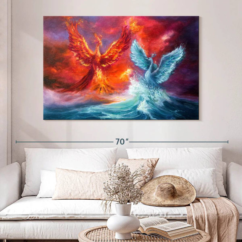 Fire Phoenix et cygne abyssal, H 34 po x l 51 po