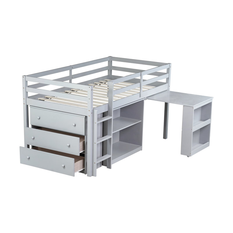 Lit mezzanine simple gris avec garde-corps, tiroirs et armoires à tablettes Utilisation efficace de l'espace -, Gris