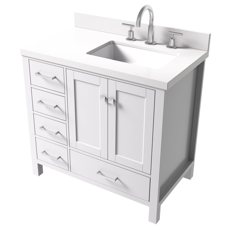 Cambridge 37'' W Single Vanity, White, Pure White Quartz, Rectangular