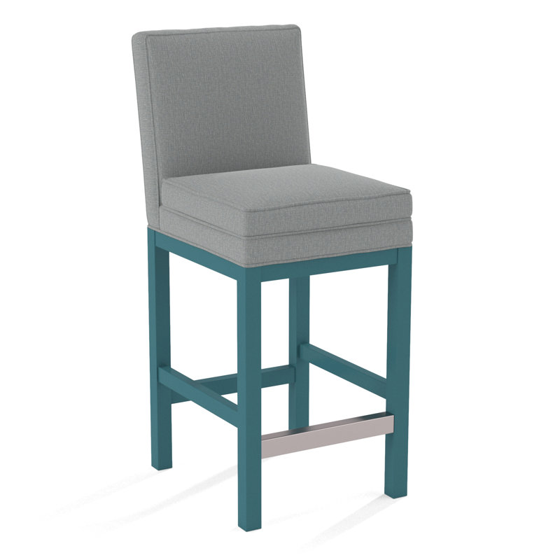 Upholstered Stool, Honey Finish, Light Blue Performance Fabric; 0851-55