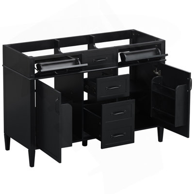 Armoire de salle de bain 48 po, base de meuble-lavabo autoportant en MDF avec 4 tiroirs et 2 portes, armoire de rangement noire avec tablettes réglables, poignées en métal noir, armoire seulement