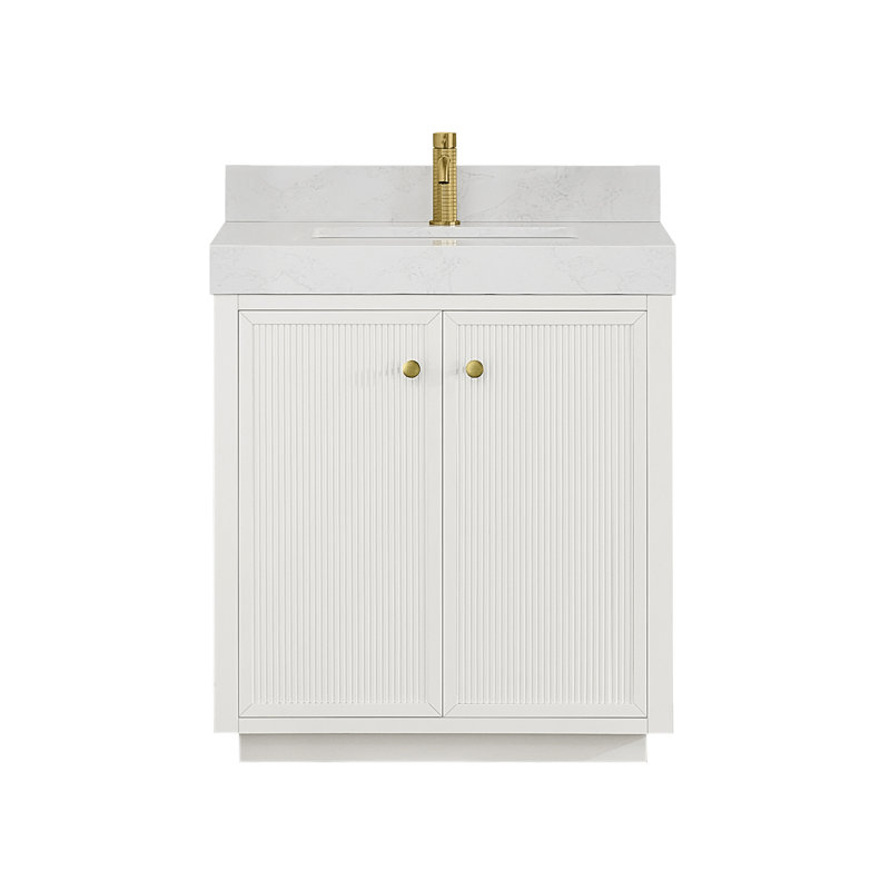 Meuble-lavabo simple 30 po en blanc avec plateau en pierre à grain blanc Autry, Blanc