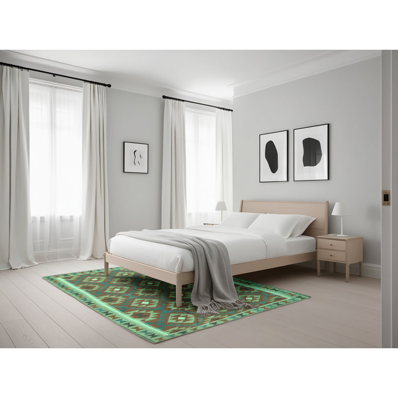 Tapis uni uni bleu / vert / brun en laine / polyester tissé à la machine 5 pi x 7 pi