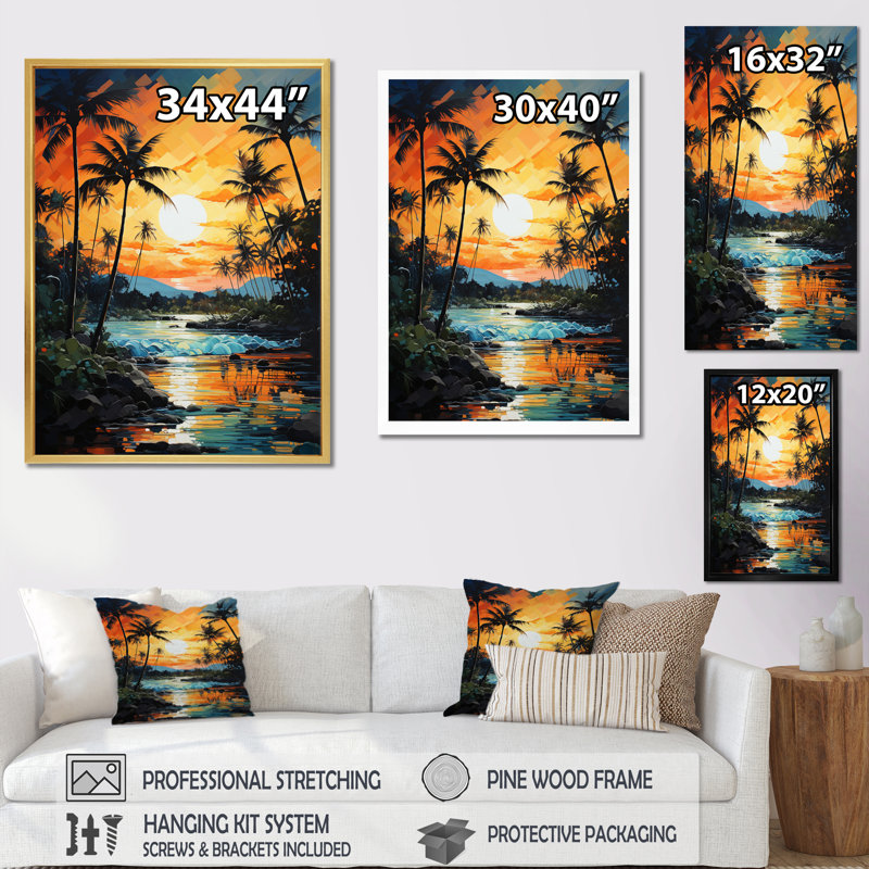 Palmiers, pointillisme tropical V - art mural sur toile florale, H 32 po x l 16 po x P 1 po, Cadre flottant doré