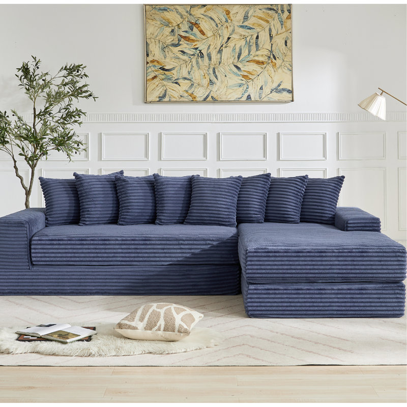 Nouveau lit convertible en L en velours côtelé 3 places, bleu, sans assemblage, 8 coussins, fonction d'espace