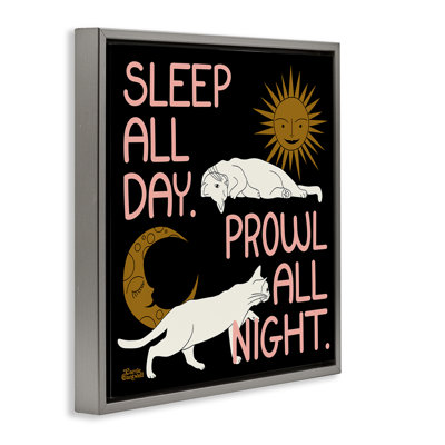 Sleep & Prowl Cats Gray Framed Floater Canvas Wall Art by Carrie Cantwell