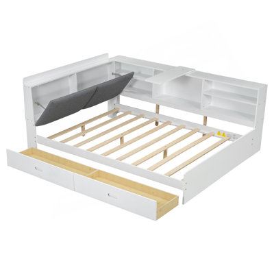 Lit plateforme en bois avec tête de lit, tablettes et 2 tiroirs, blanc