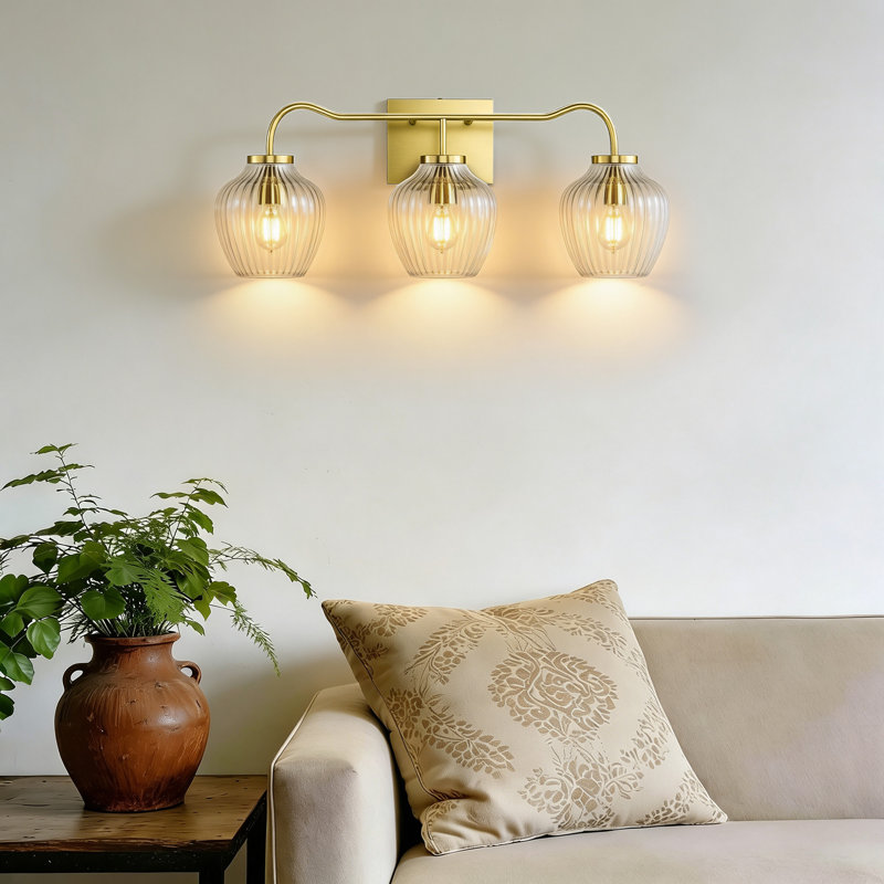 24" W 3-Light Dimmable Wrought Iron Vanity Light, Polished Brass, Clear