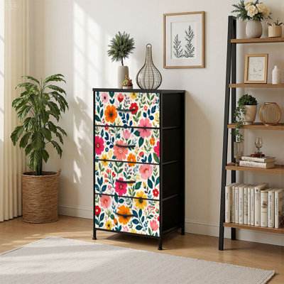4 Drawer Vertical Storage Dresser Colorful Floral Hand Painted Flowers with Wood Top Fabric Pull Drawers