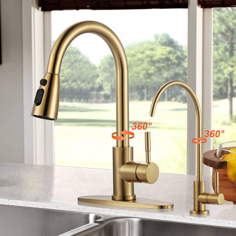 ARCORA Stainless Steel Pull-Down Kitchen Faucet and Water Filter Faucet Combo, Gold