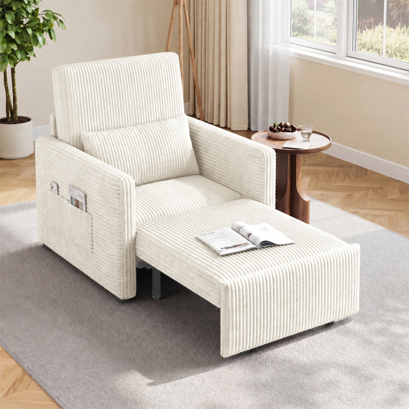 Fauteuil d'appoint moderne avec poche latérale, canapé-lit convertible 4-en-1 extra long en velours côtelé, pour le salon, le bureau ou la chambre à coucher