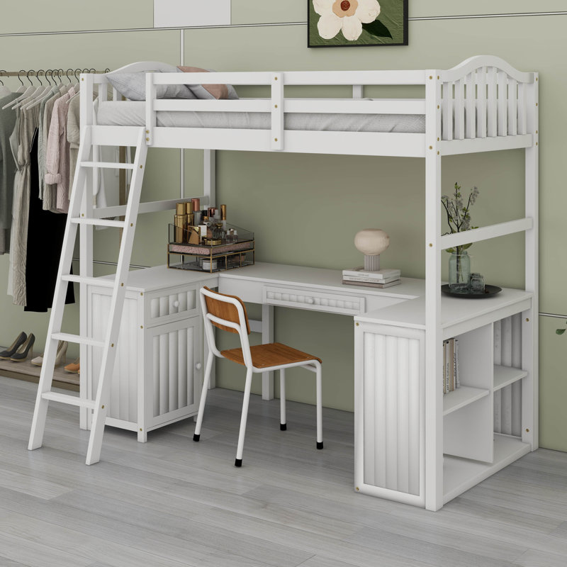Lit mezzanine simple avec tiroirs, armoire, tablettes et bureau, structure de lit mezzanine en bois avec bureau pour enfants