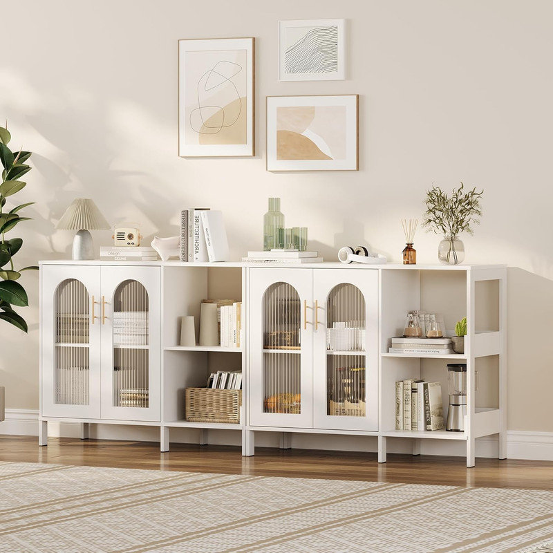 Buffet en bois avec portes en verre et tablettes réglables pour le salon, la cuisine et la salle à manger, Blanc