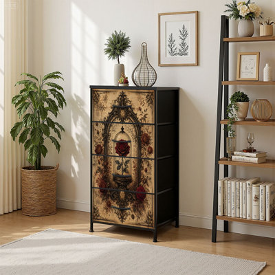 4 Drawer Vertical Storage Dresser Victorian Gothic Red Roses Art Ornamental Glass Dome Vintage with Wood Top Fabric Pull Drawers